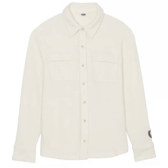 Victoria Secret Pink Fleece Shacket Long Sleeve Reverse Shirt Top XL Cream - Picture 9 of 13